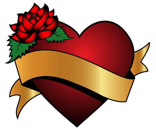 Red heart with a rose and gold ribbon banner, classic tattoo-style illustration.