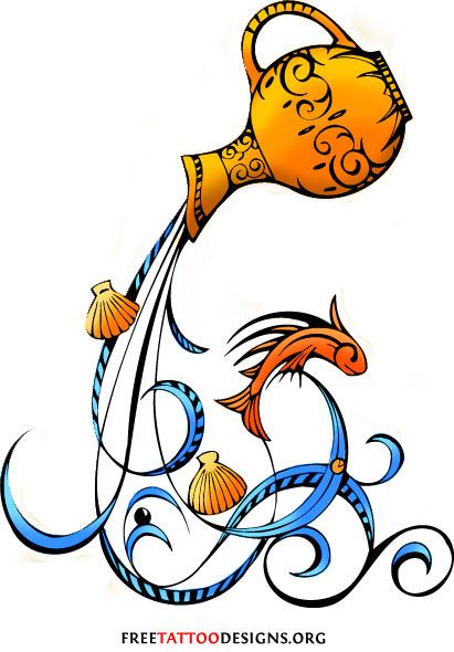 Ornate golden pitcher pouring water with swirling blue waves, seashells, and a leaping fish in tattoo-style art.