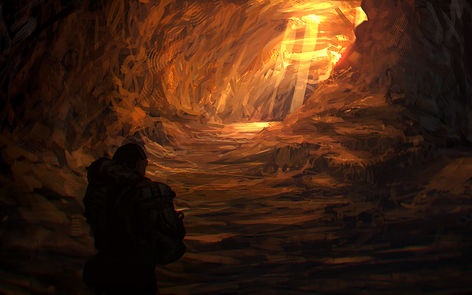 A lone figure in heavy gear stands at the mouth of a glowing, textured cave tunnel, bathed in warm orange light from above.