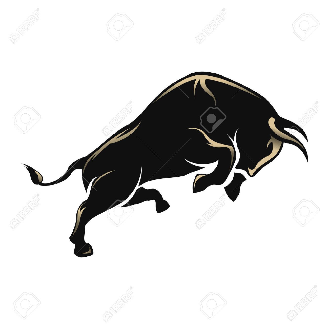 Stylized black bull in mid-charge with gold highlights, dynamic pose on white background.