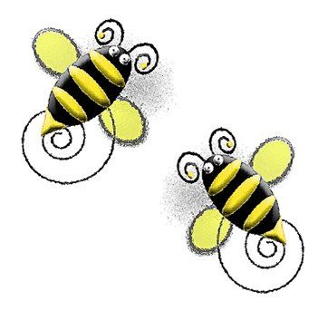 Two cheerful cartoon bees with yellow-black stripes and spiral flight trails on a white background.