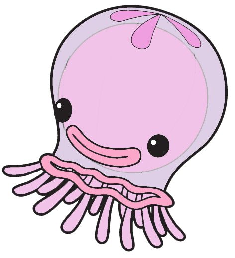 Cute pink cartoon jellyfish with smiling face, big eyes, and flowing tentacles.