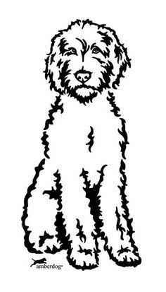 Black-and-white line drawing of a seated Labradoodle with curly fur and expressive eyes.