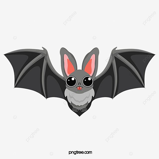 Cute cartoon bat with big eyes, pink ears, and spread wings flying forward.