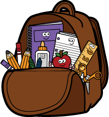 A brown backpack overflowing with colorful school supplies including pencils, notebooks, an apple, ruler, scissors, and glue bottle.