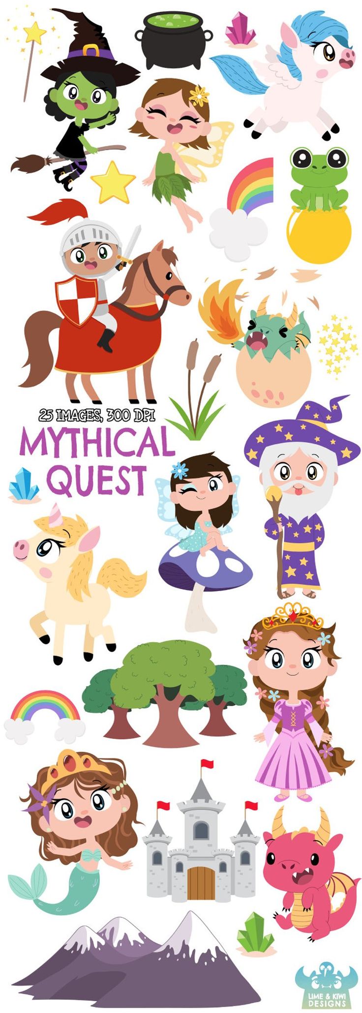 Cute cartoon mythical characters including witches, unicorns, dragons, fairies, knights, princesses, and castles in a colorful clipart set.