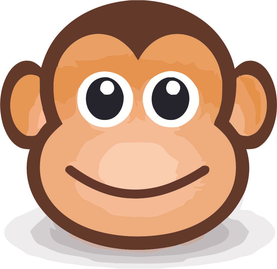 Friendly cartoon monkey face with big eyes and a smile, brown fur and peach skin tones.