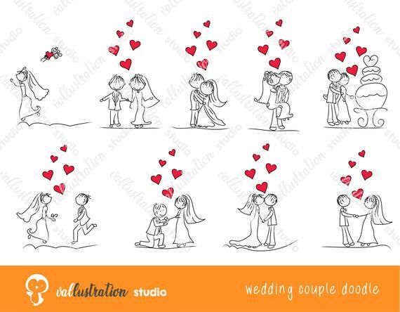 Hand-drawn doodle illustrations of romantic wedding couples with hearts, proposals, and celebrations in black and red ink.