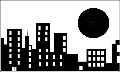 Black-and-white silhouette of a city skyline with buildings and a segmented circular sun or moon in the sky.