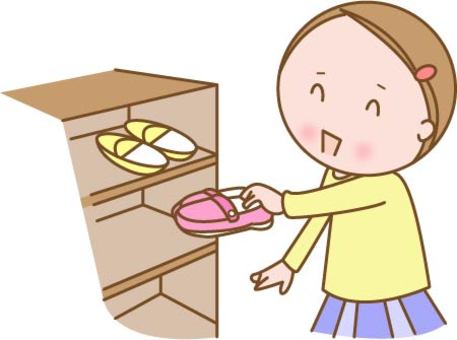 A smiling cartoon girl placing pink sandals onto a wooden shoe rack with yellow slippers already stored.