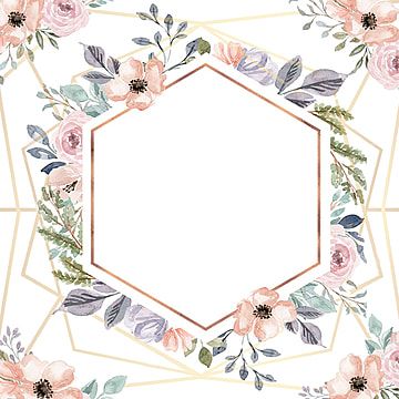 Delicate floral watercolor frame with pink roses, greenery, and gold geometric accents on white background.