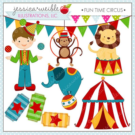 Circus-themed clipart set featuring a ringmaster, monkey, lion, elephant, tent, tickets, and bunting flags by Jessica Weible Illustrations.