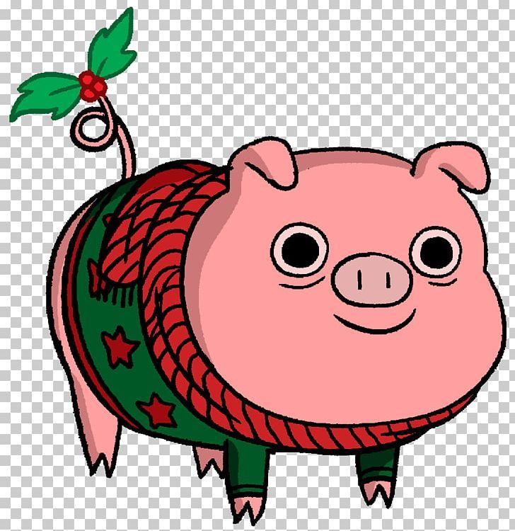 Festive pink pig wearing a red-and-green Christmas sweater with holly on its tail.