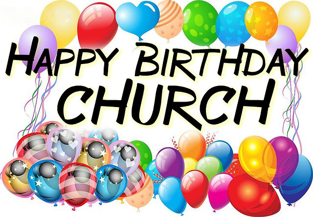 Colorful birthday balloons with "Happy Birthday Church" text in bold black font, festive celebration theme.