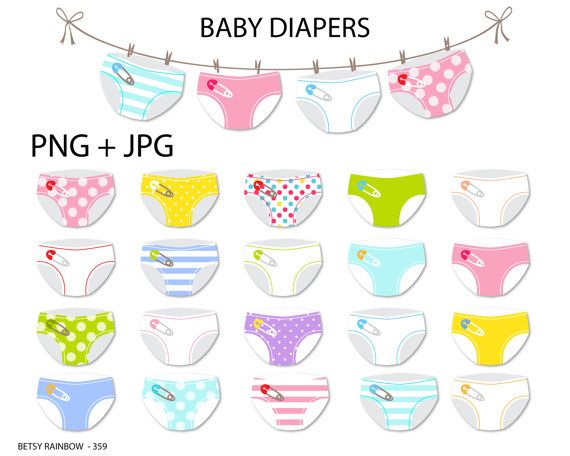 Colorful baby diapers clipart set with patterns like polka dots, stripes, and solids, hanging on a clothesline and arranged in rows.