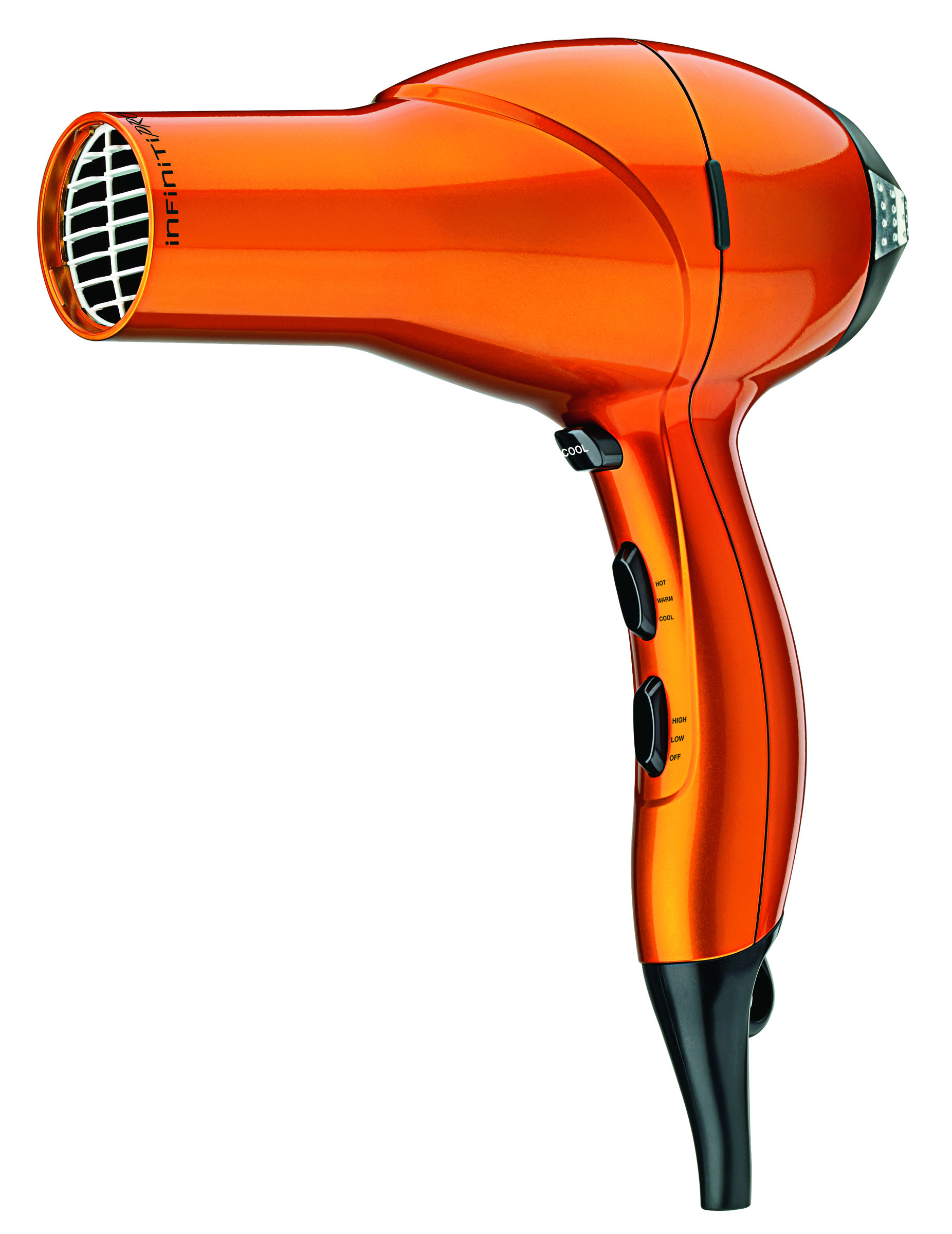 Bright orange Infiniti Pro hair dryer with black accents, cool shot button, and heat/speed dials.