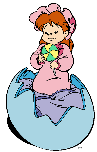A cheerful cartoon girl with red hair and pink dress sits inside a cracked blue egg, holding a colorful lollipop.