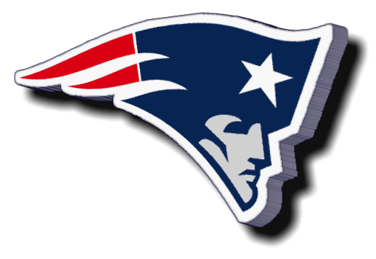 New England Patriots logo featuring a blue, red, and white stylized patriot head with a star and striped flag element.