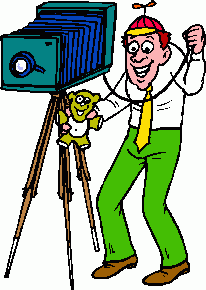 Cheerful cartoon photographer with vintage bellows camera, green pants, yellow tie, and propeller hat posing with stuffed toy on tripod.