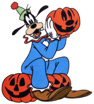 Goofy in a clown hat hugs a jack-o'-lantern while sitting on two more pumpkins, celebrating Halloween joyfully.