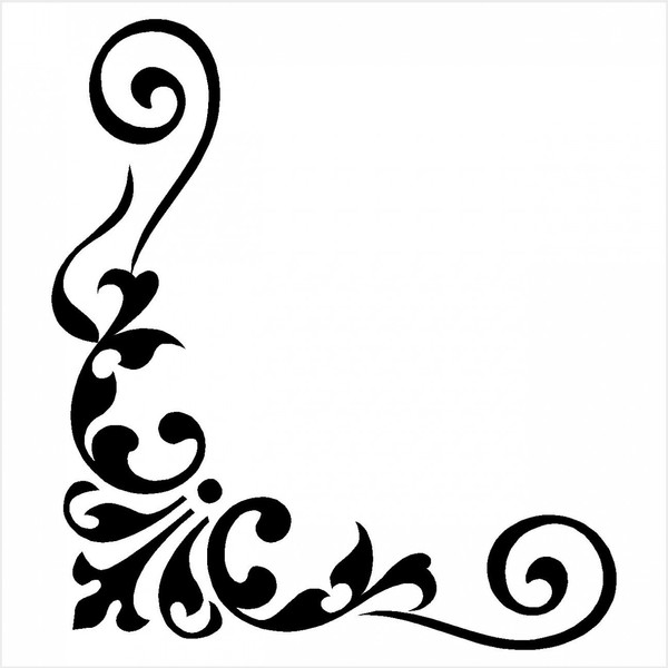 Black ornamental corner flourish with swirling vines and leaf motifs on white background.