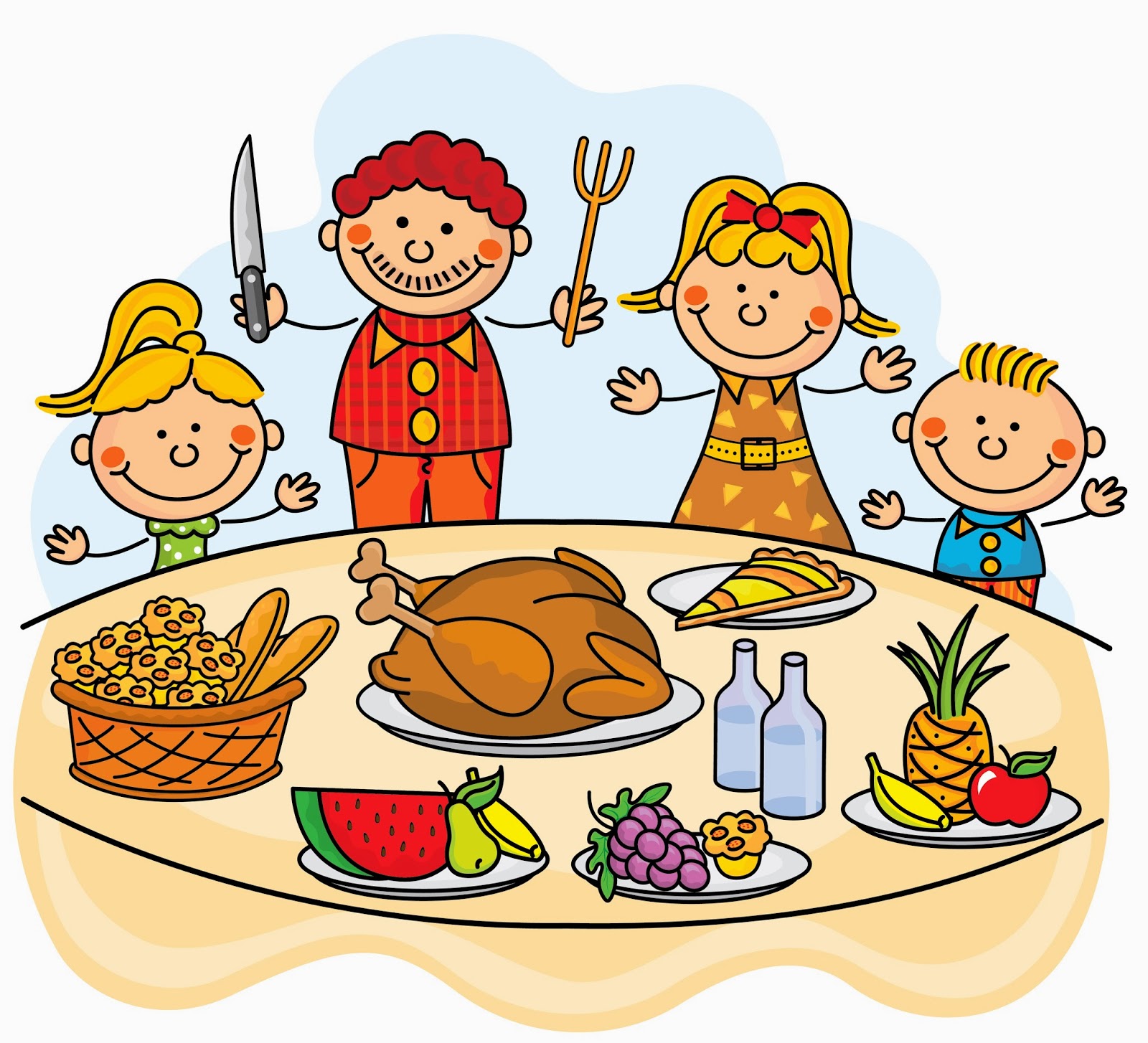 A cheerful cartoon family of four gathers around a festive table laden with roasted turkey, pie, fruits, bread, and drinks.