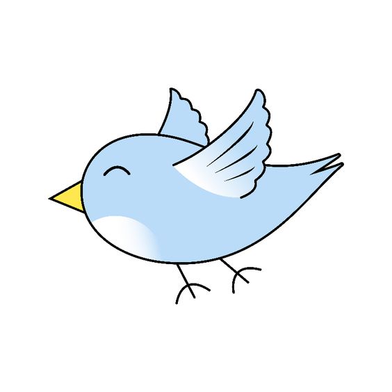 A cheerful light blue cartoon bird with yellow beak, closed eyes, and outstretched wings in mid-flight.