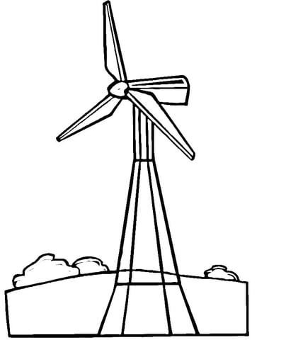 Line drawing of a three-blade wind turbine on a lattice tower above rolling hills with clouds.