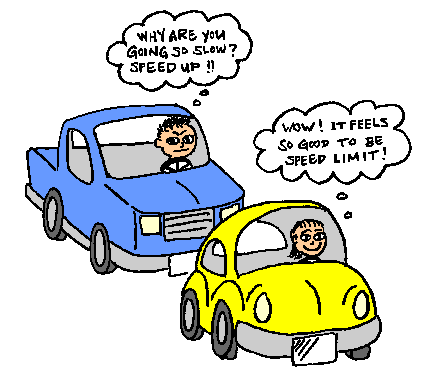 Blue pickup driver urges yellow car to speed up; yellow driver enjoys being at speed limit.