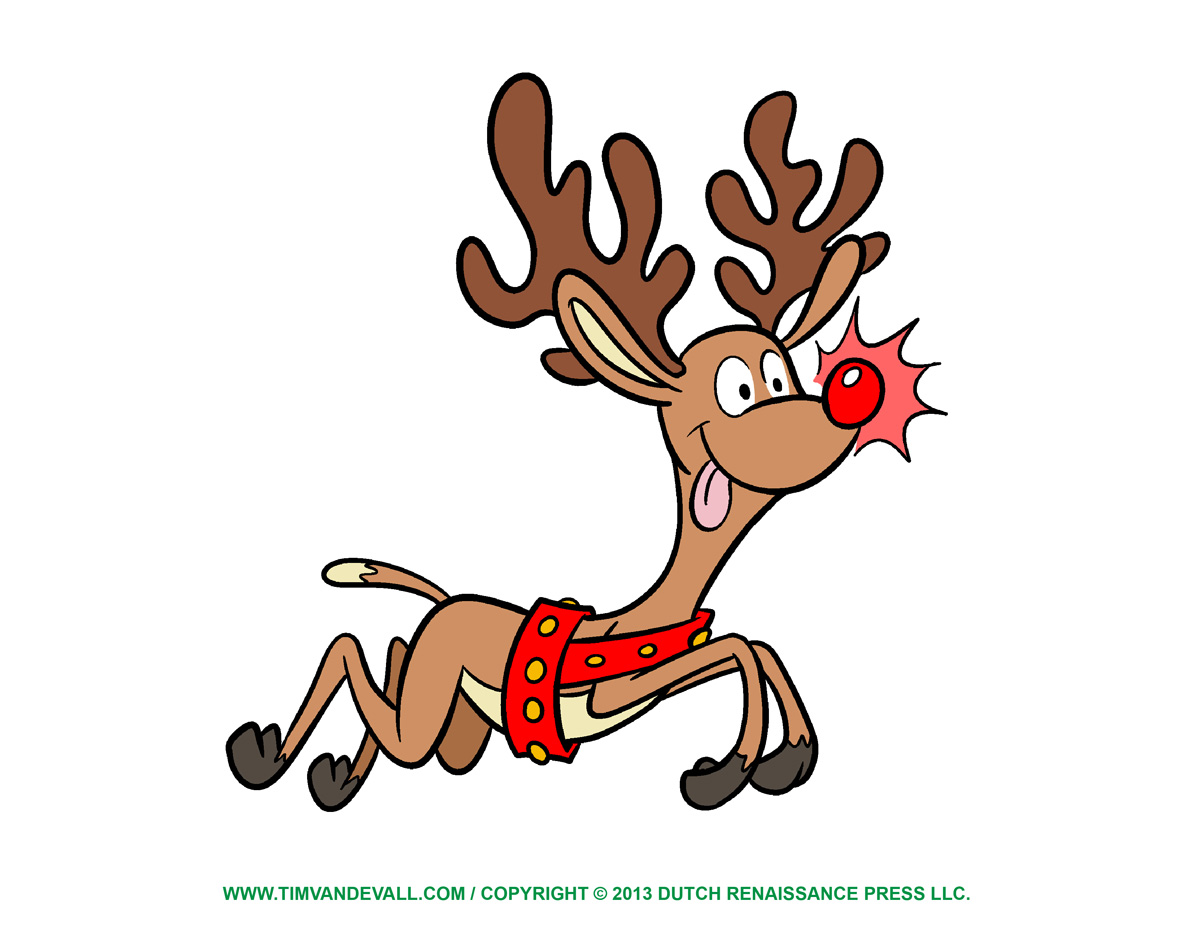 Cartoon reindeer with glowing red nose, wearing red harness, running joyfully.