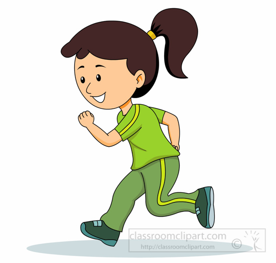 Smiling girl with ponytail running in green athletic outfit.