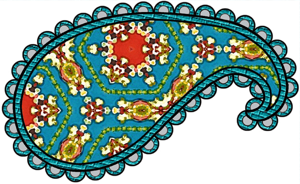 Vibrant blue paisley design with red, yellow, and green floral motifs and scalloped teal border.