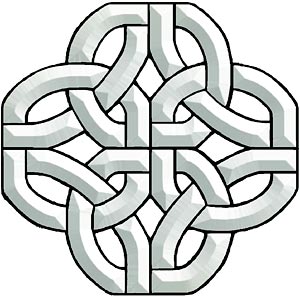 Silver Celtic knot symbol with interwoven loops forming a symmetrical four-leaf design.