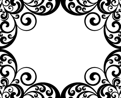 Black and white ornate scrollwork border with symmetrical floral swirls in each corner.
