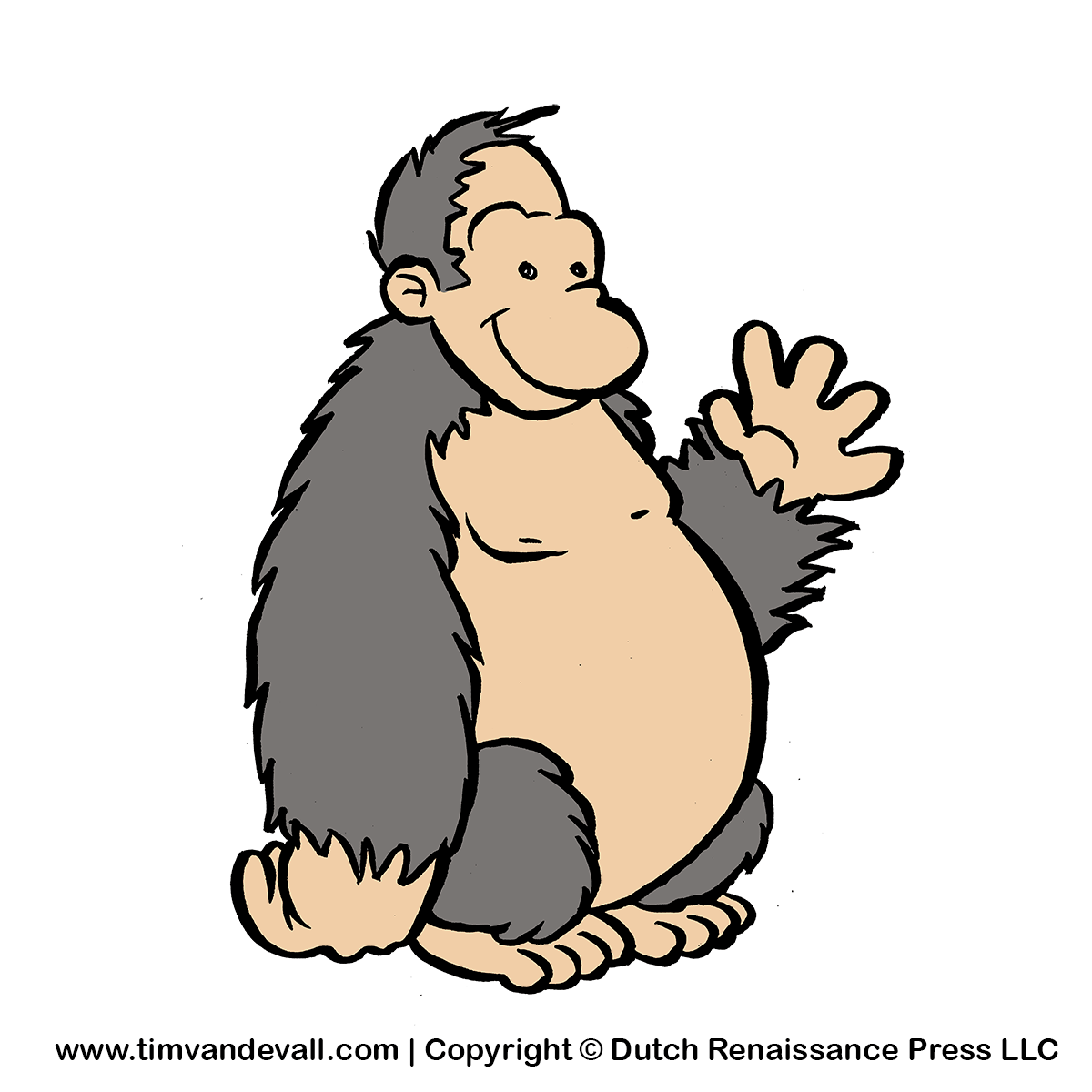 Friendly cartoon gorilla waving with a cheerful expression, sitting upright on white background.