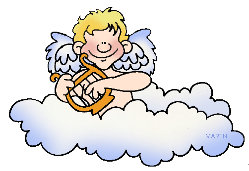 Smiling cherub with blond hair and blue wings playing a golden harp while sitting on a fluffy cloud.