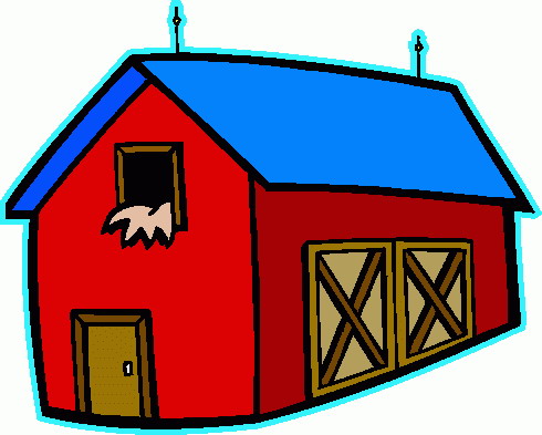 Red barn with blue roof, broken window with bat flying out, double X-braced doors, and small front door.