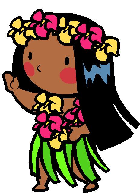 Cartoon girl in traditional Hawaiian hula attire with flower lei and ti leaf skirt, waving cheerfully.