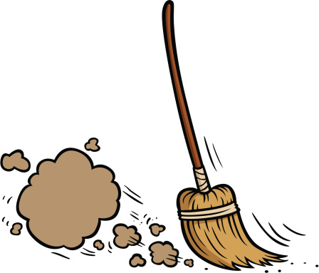 A cartoon broom sweeping a cloud of brown dust with motion lines indicating active cleaning.