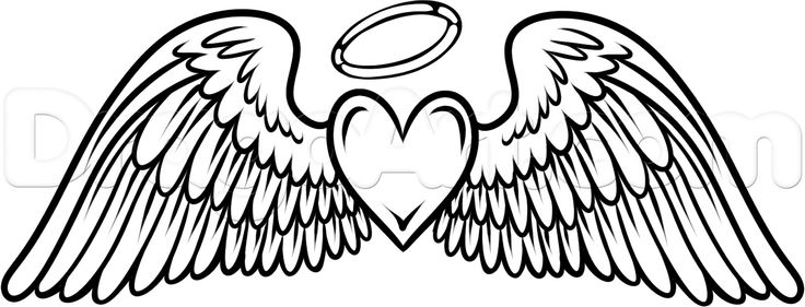Angel wings with heart and halo, black-and-white line art illustration.