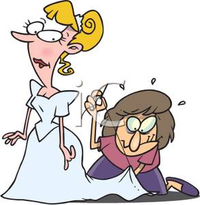 A cartoon bride with a shocked expression while a seamstress kneels, frantically stitching her torn wedding dress.
