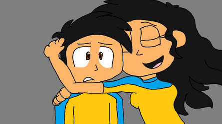 A cartoon girl with long black hair hugs a surprised boy in a yellow shirt against a gray background.