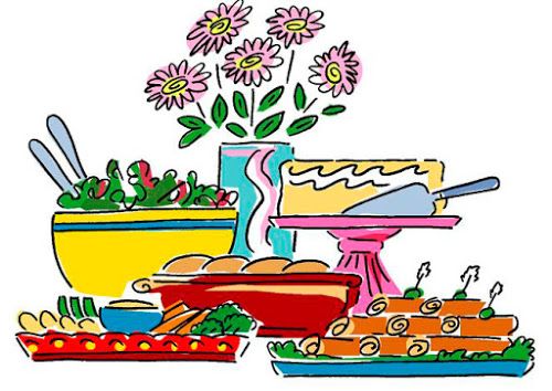 Festive Buffet Table Illustration - Fresh Food & Floral Centerpiece