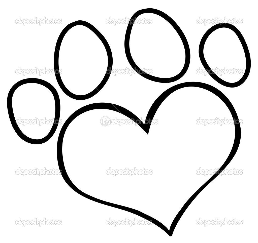 A stylized black-and-white paw print with a heart-shaped pad and four oval toes.