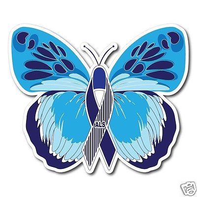 Blue butterfly sticker with ALS awareness ribbon in center, symbolizing hope and support for amyotrophic lateral sclerosis.