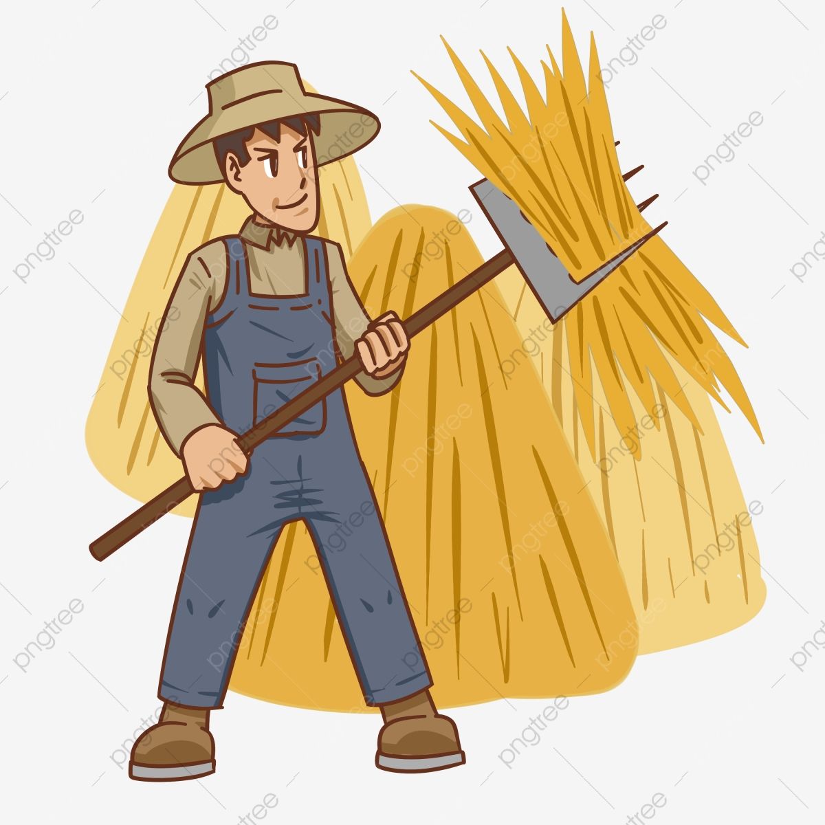 Farmer in overalls and hat holding a pitchfork with golden hay bales behind him.
