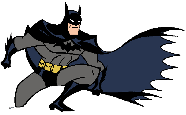 Batman in classic animated style, crouching with cape flowing, wearing grey suit, black mask, and yellow utility belt.
