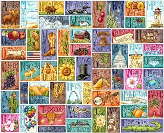 A colorful collage of illustrated state-themed postcards, each featuring iconic symbols, landmarks, and produce from U.S. states.