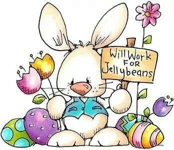 Cute cartoon bunny holding a sign saying "Will Work For Jellybeans" surrounded by colorful Easter eggs and flowers.
