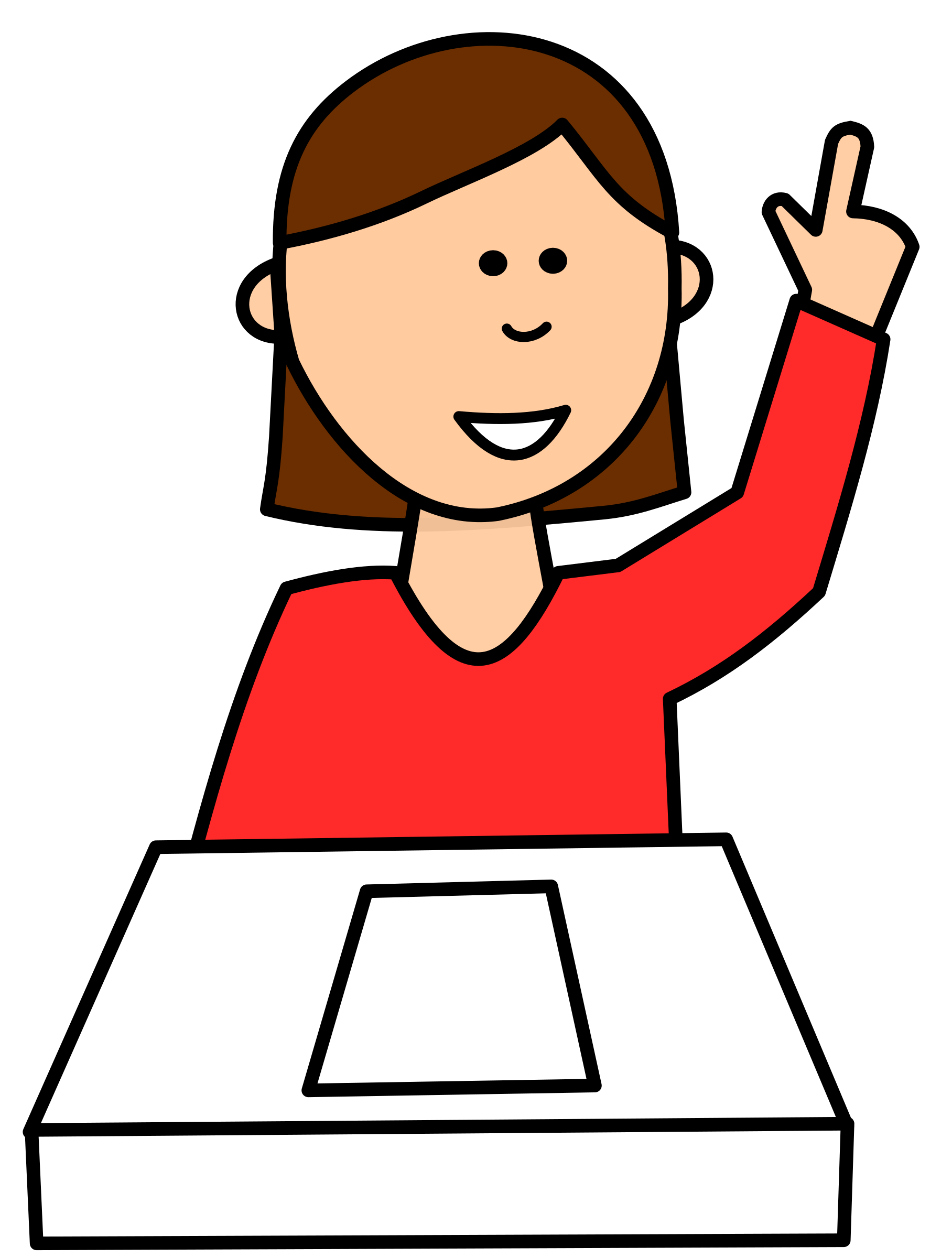 Smiling student raising hand at desk with paper, ready to answer question.